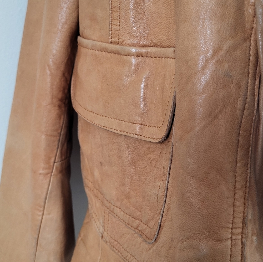 Women's Tan Ruffle Leather Jacket - Picture 14 of 14